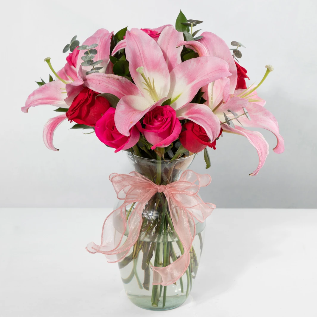 Arrangement of Red Roses and Stargazers 26830