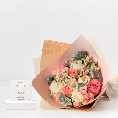 June Gift: June Birthstone Jewelry Set with Pink & White Rose Bouquet 26869