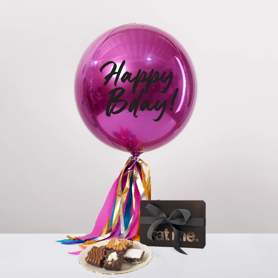 Dulce Sorpresa: Brownies "Eat Me" con Globo Orbz Magenta "Happy Bday!" 27003