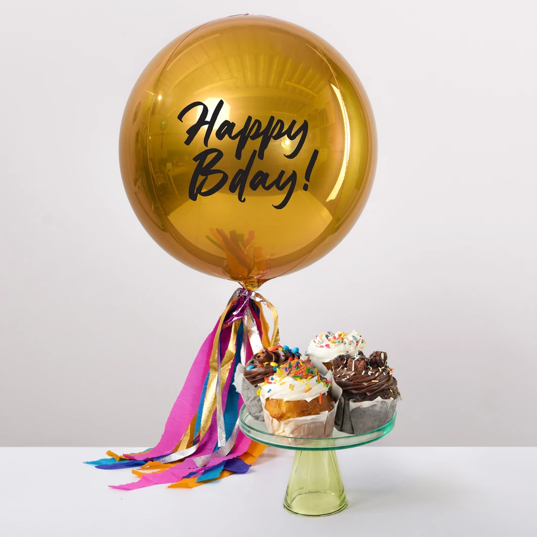 Dulce Día con Muffins Cumpleañeros y Globo Orbz Oro Happy Bday! 27011