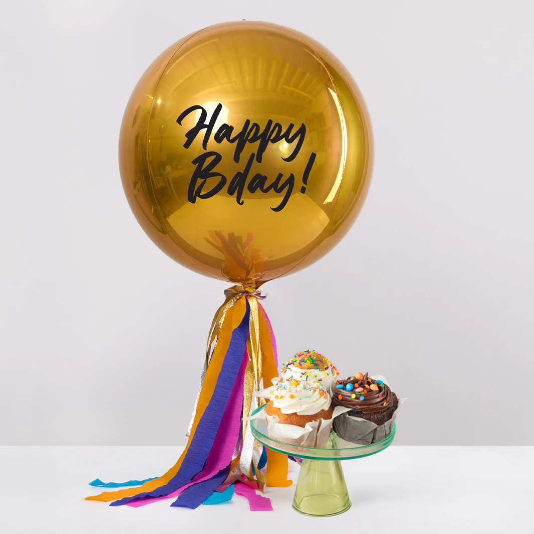 Dulce Día con Muffins Cumpleañeros y Globo Orbz Oro Happy Bday! 27011