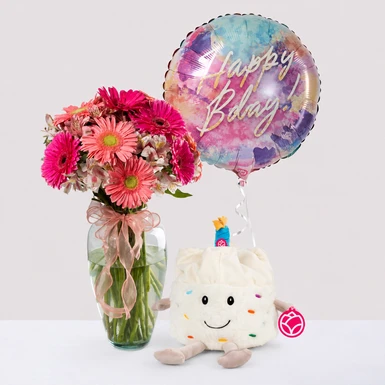 Pastelín el Peluche con Gerberas, Alstroemerias y Globo 27015