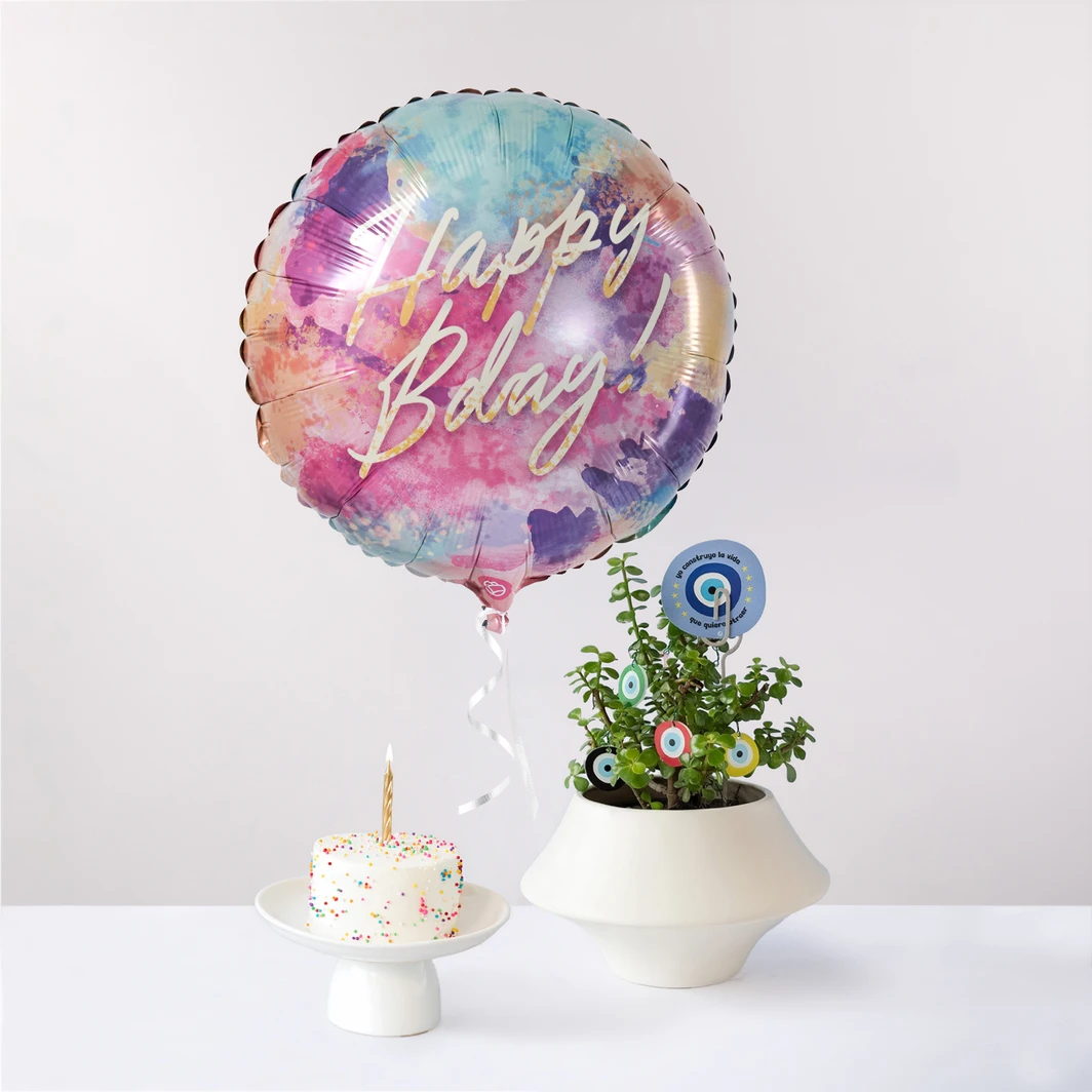 Good Vibes Plant with La Divinata Birthday Cake and Happy Bday! Balloon 27018