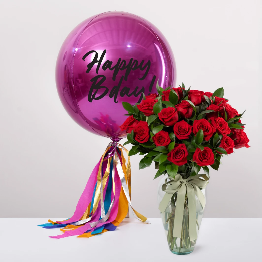 24 Red Roses and Magenta Happy Bday! Balloon 27021