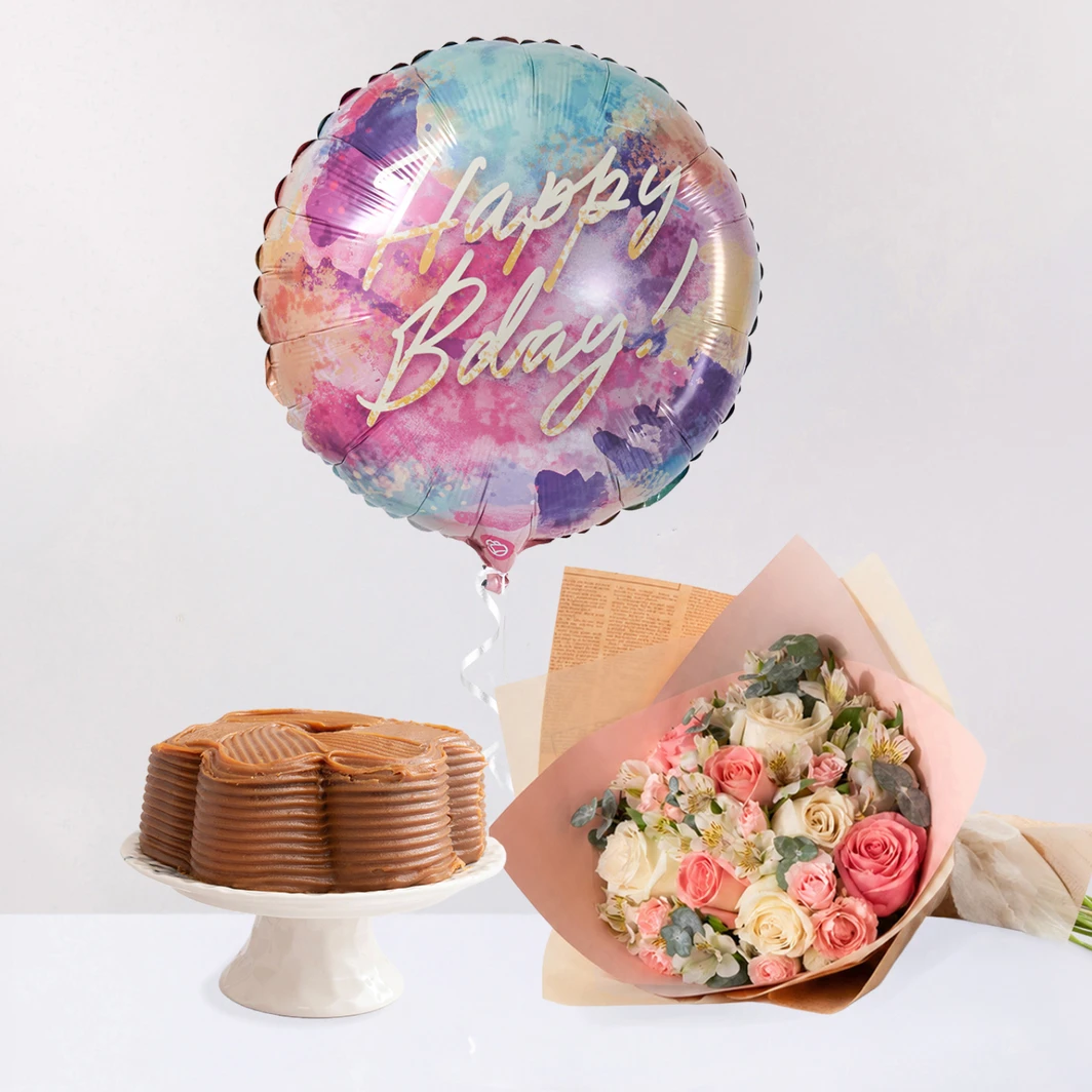 Kit Cumpleañero con Pastel de Cajeta, Ramo de Rosas y Globo Happy bday! 27044