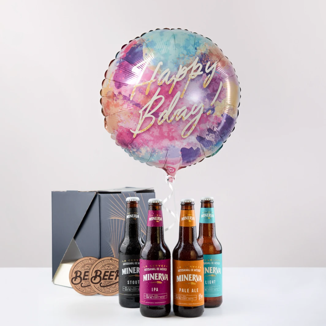4 Pack Cerveza Minerva con Globo Happy bday! 27079