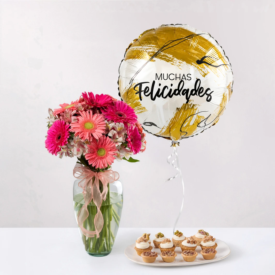 Gerberas con Globo “Muchas felicidades” y Caja “Sweet bites” 27257