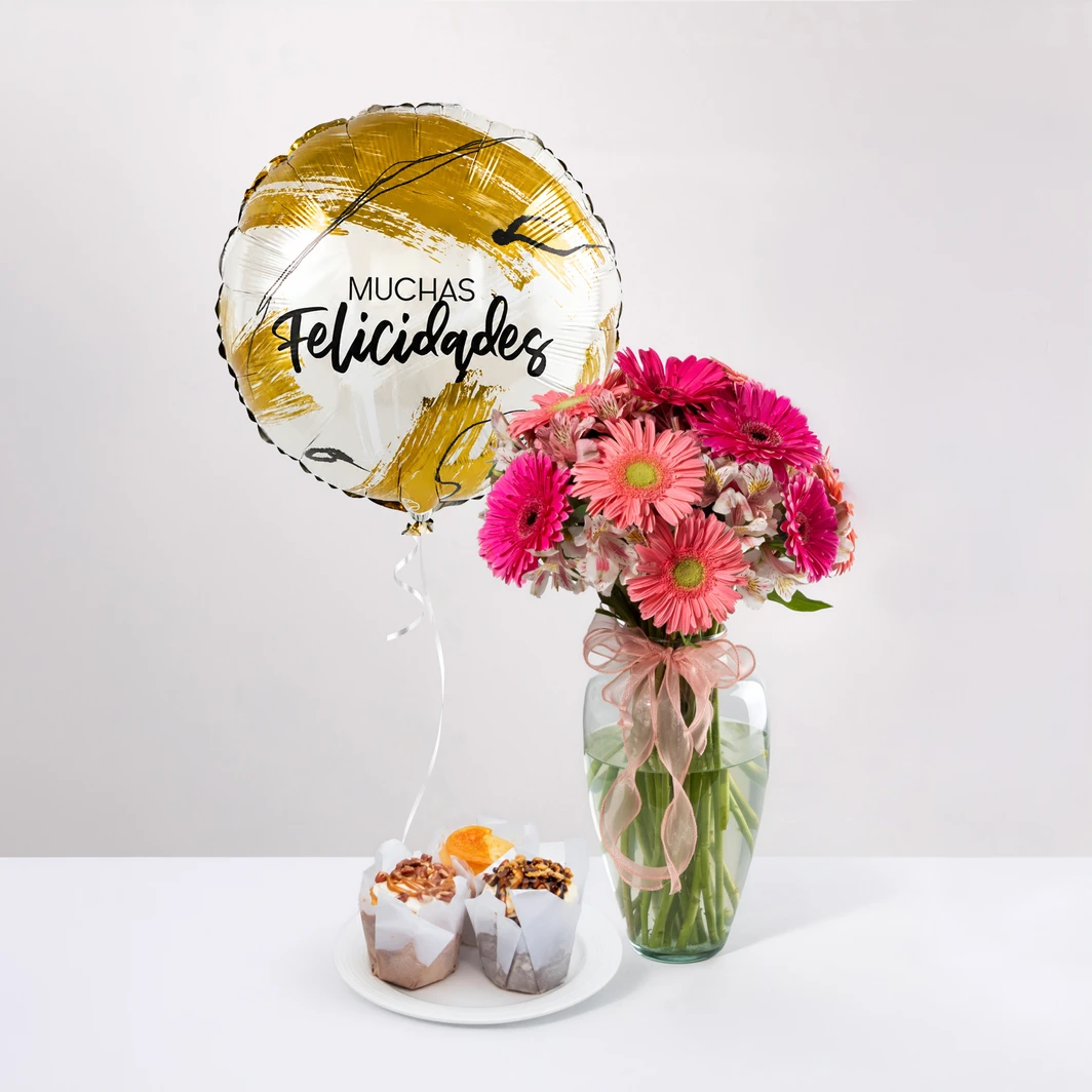 Gerberas con Globo “Muchas felicidades” y Muffins 27263