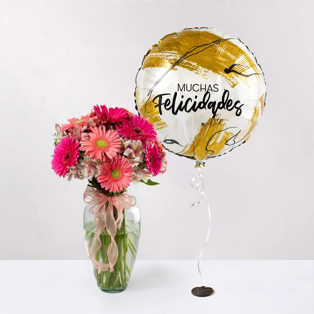 12 Gerberas Rosas y Alstroemerias  con Globo Muchas Felicidades 27277