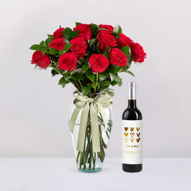 Personaliza Vino Tinto con 12 Rosas Rojas 27476