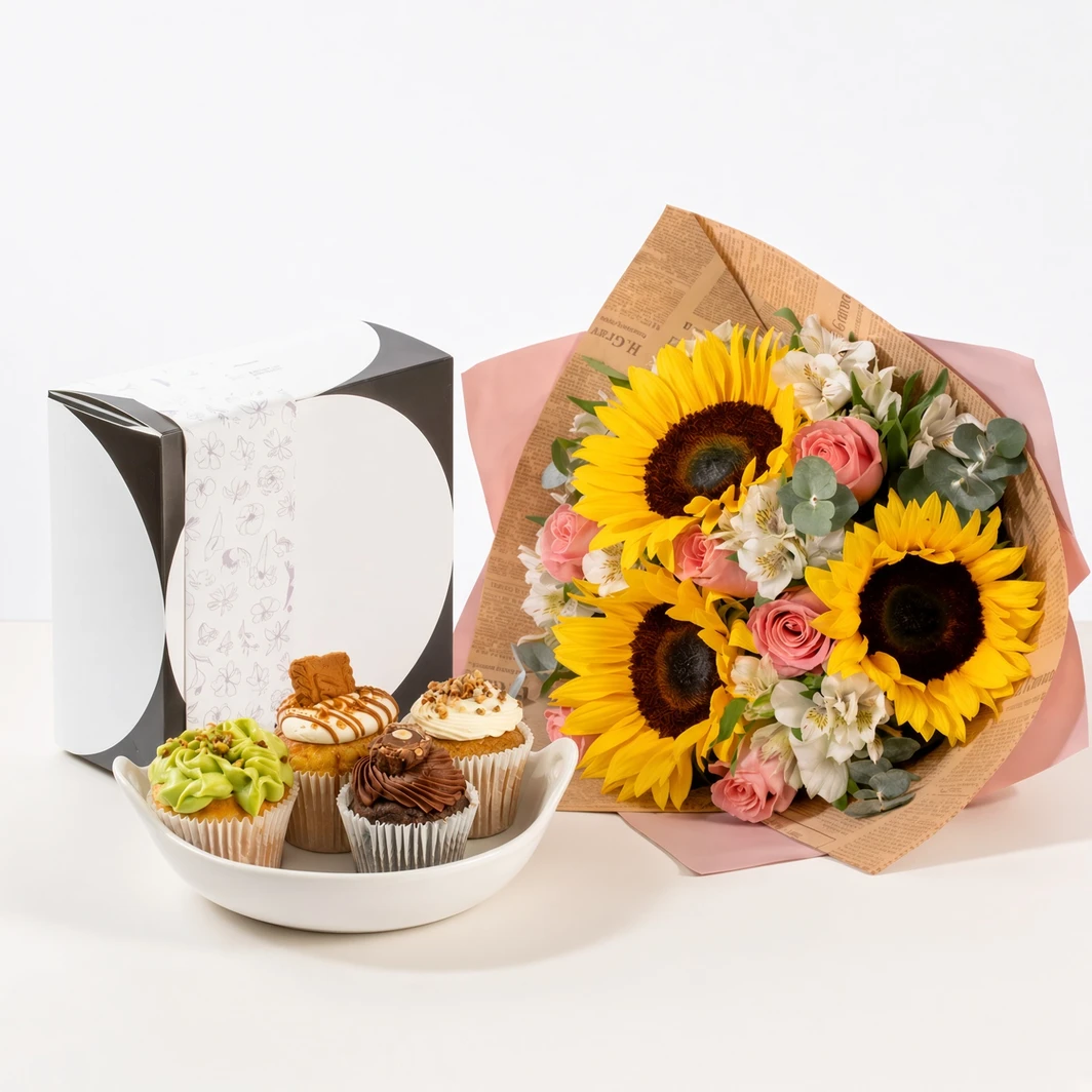 Tette Bakers Muffins with Sunflowers and Roses Bouquet 27792