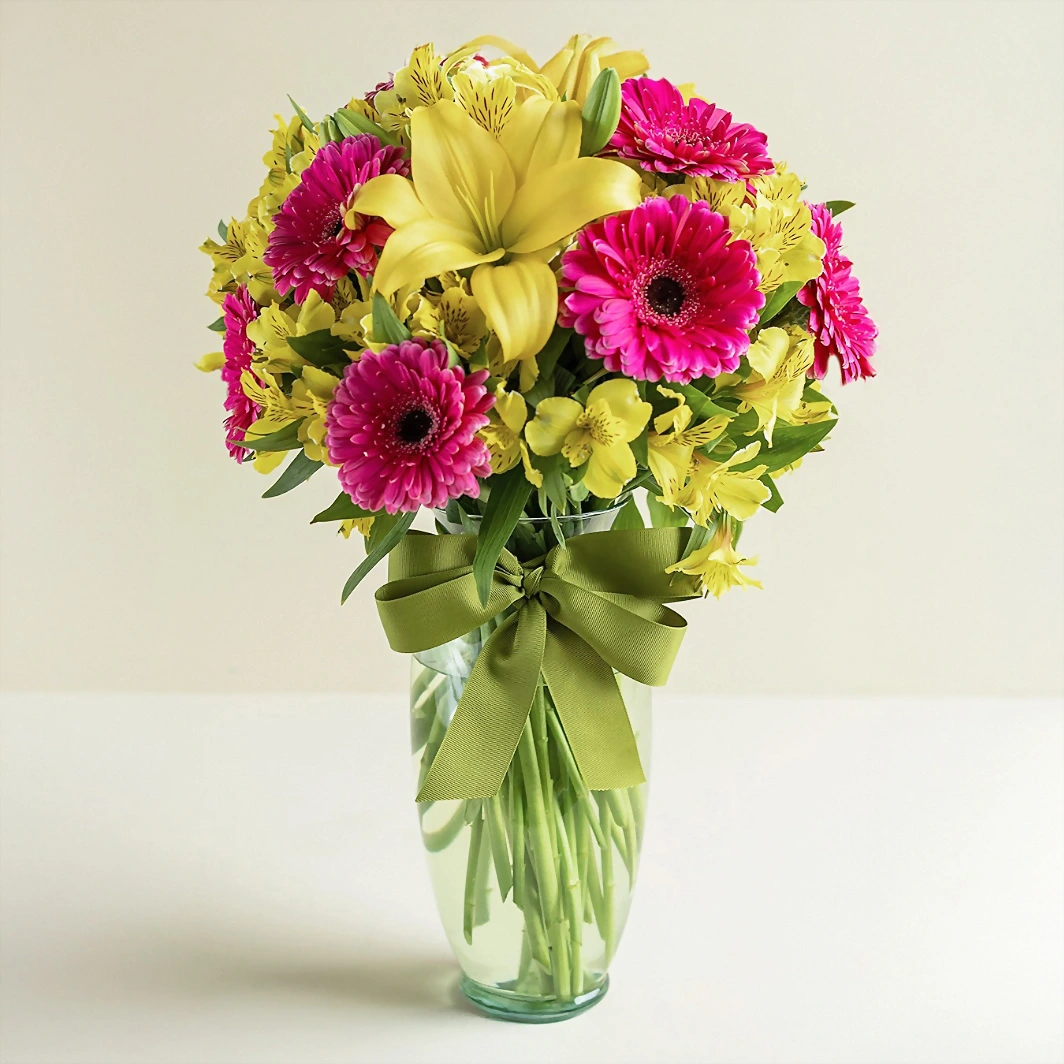 Gerbera Daisies and Lilies in Glass Vase 2348