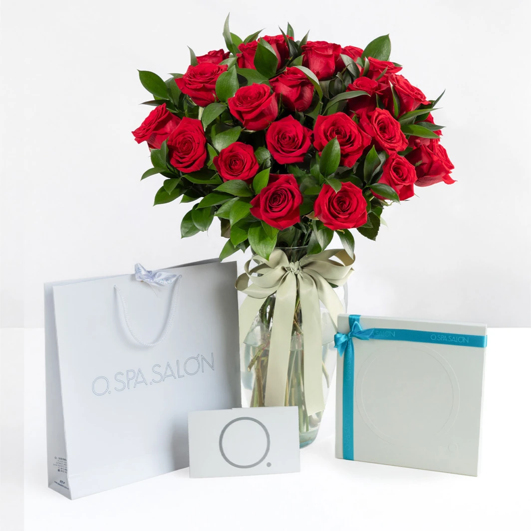 O.SPA.SALÓN Masaje Relajante con 24 Rosas Rojas en Jarrón 3527