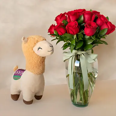 12 Rosas Rojas con Llama de Peluche 4730