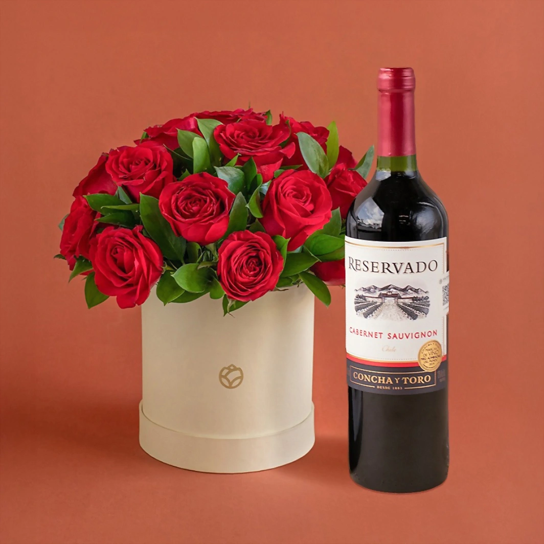 24 red roses in a box and a bottle of wine 4867