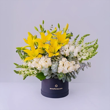 24 rosas blancas y lilys amarillas en caja 5395