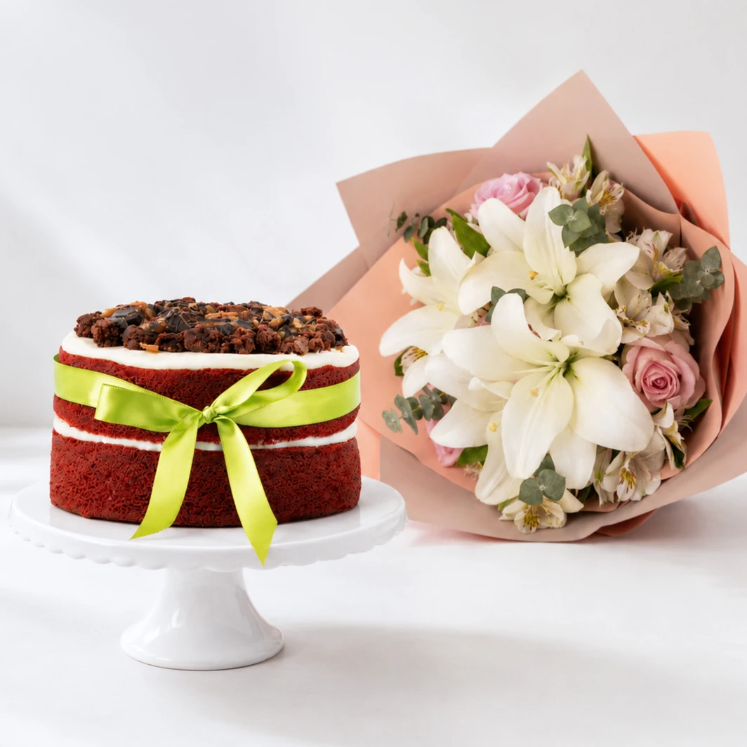 Pastel Red Velvet y Ramo con Rosas y Lilys 5920