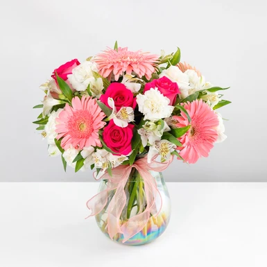 5 gerberas y rosas en jarrón tornasol 6035