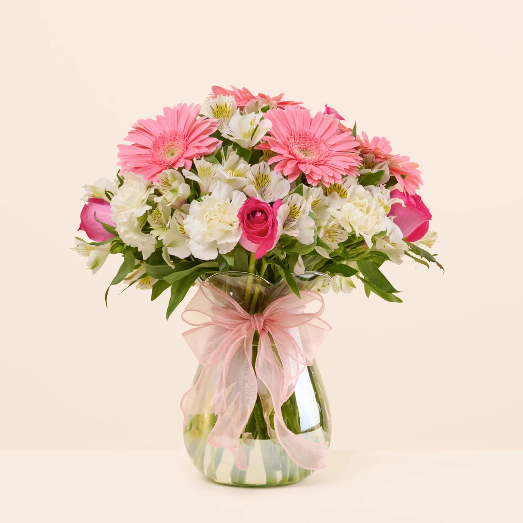 Gerberas y Rosas en Jarrón Tornasol 6035