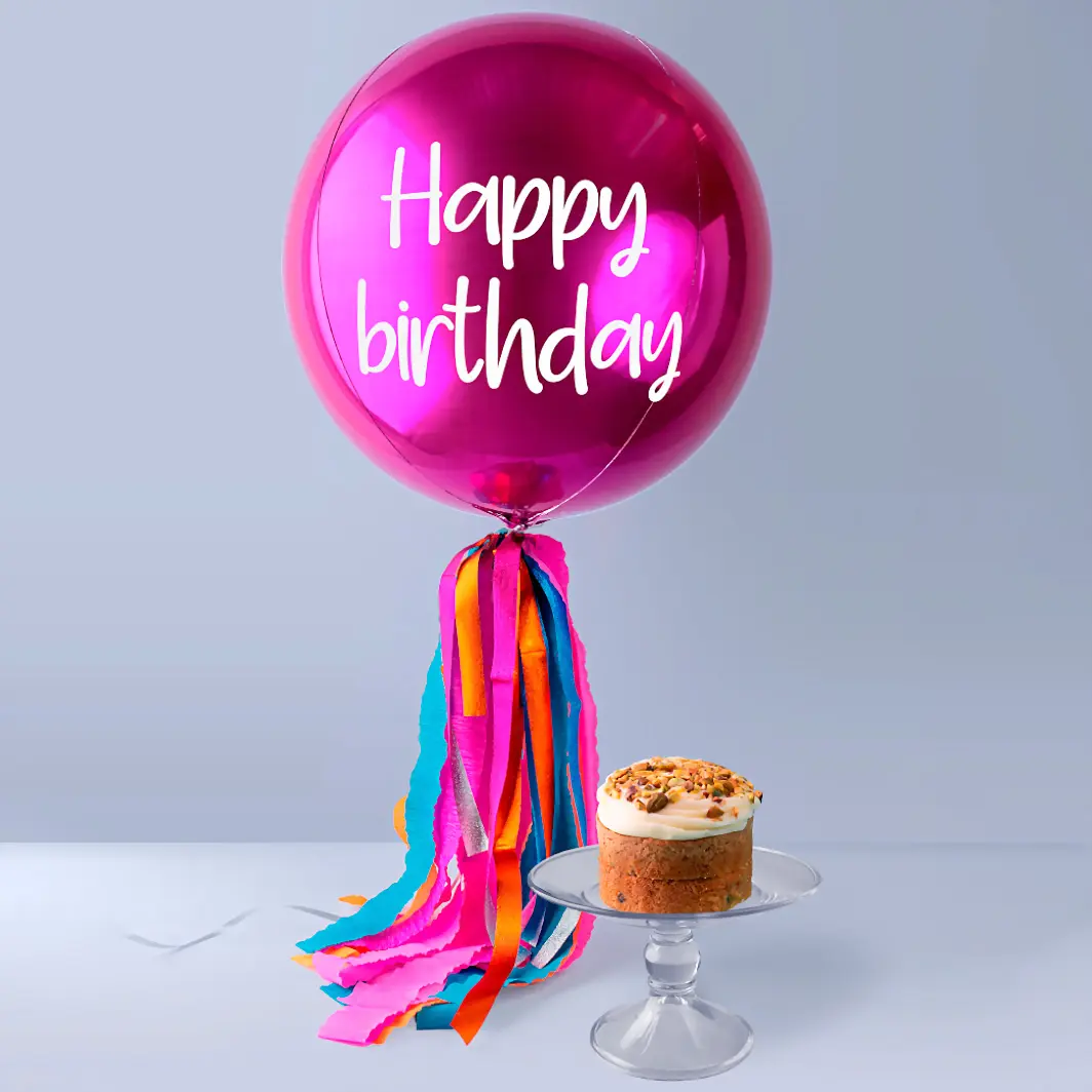 Globo Esfera Magenta "Happy Birthday" con Pastel Pistache Individual La Divinata 7815