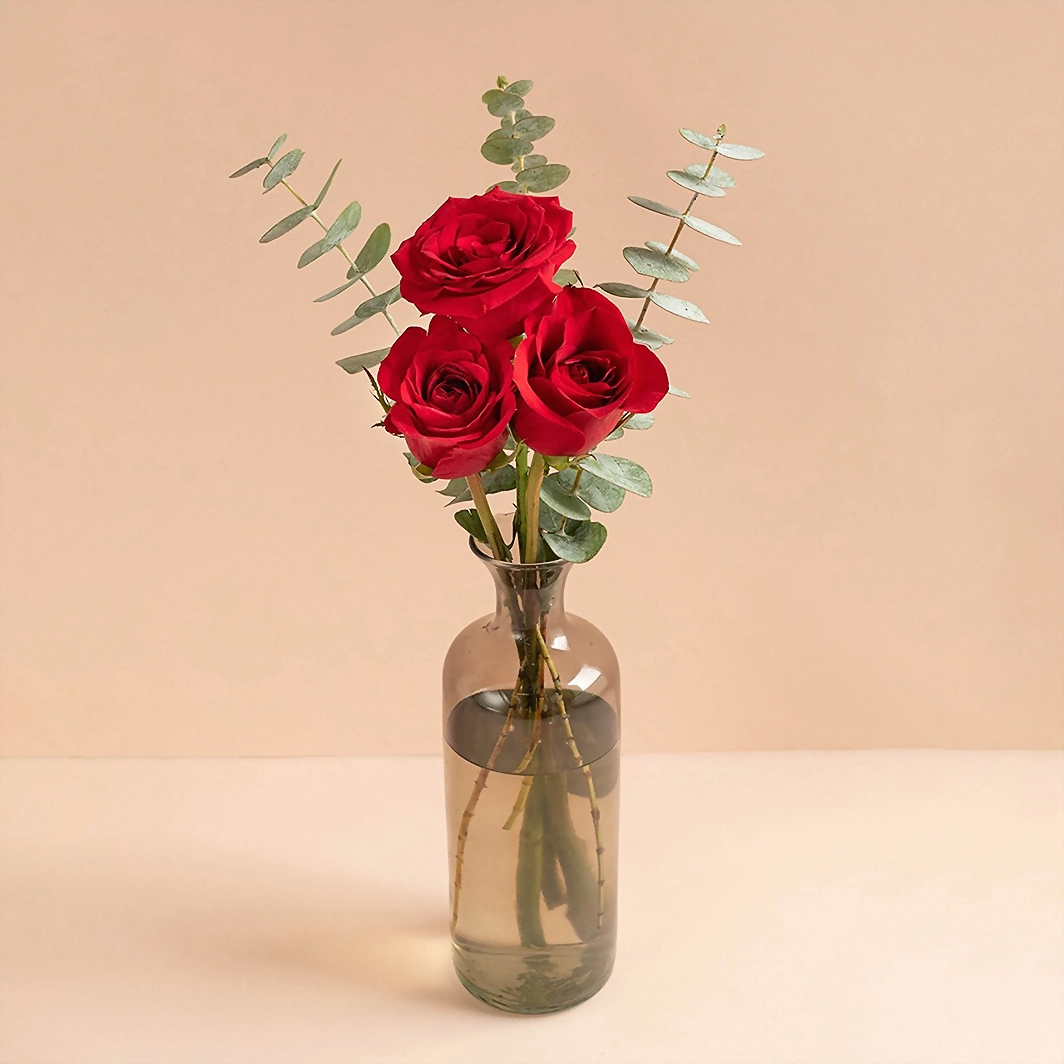 Red roses in gray vase 7660-A